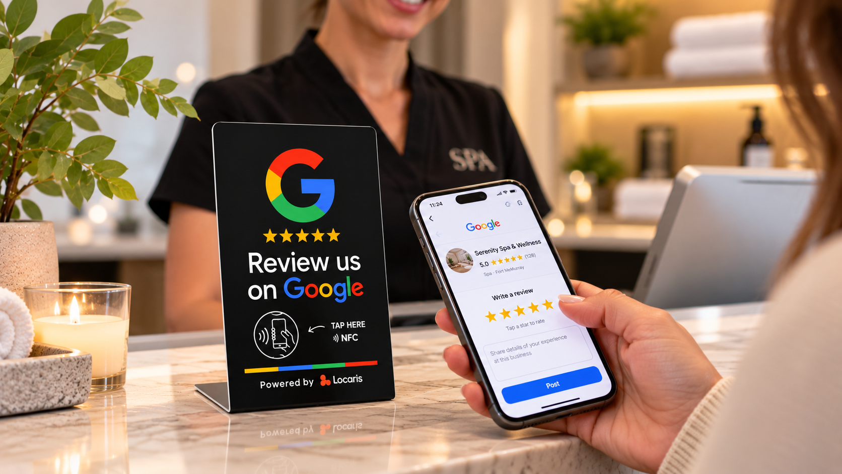 A customer uses a Locaris Google Review NFC stand at Serenity Spa and Wellness